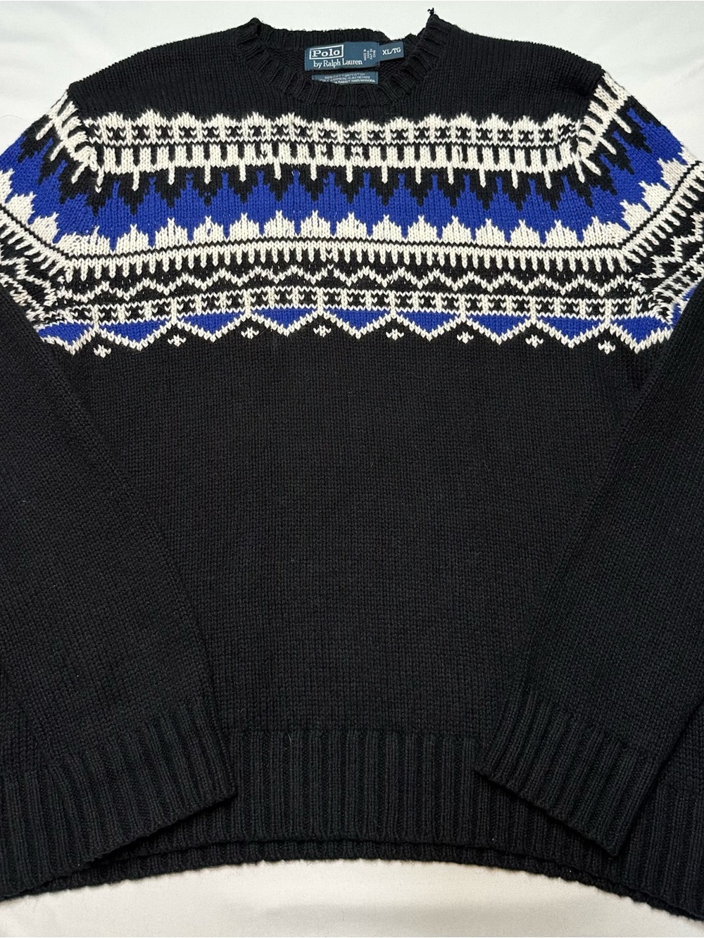 Polo Ralph Lauren Men XL Fair Isle Knit Sweater Cotton Cashmere Angora Black